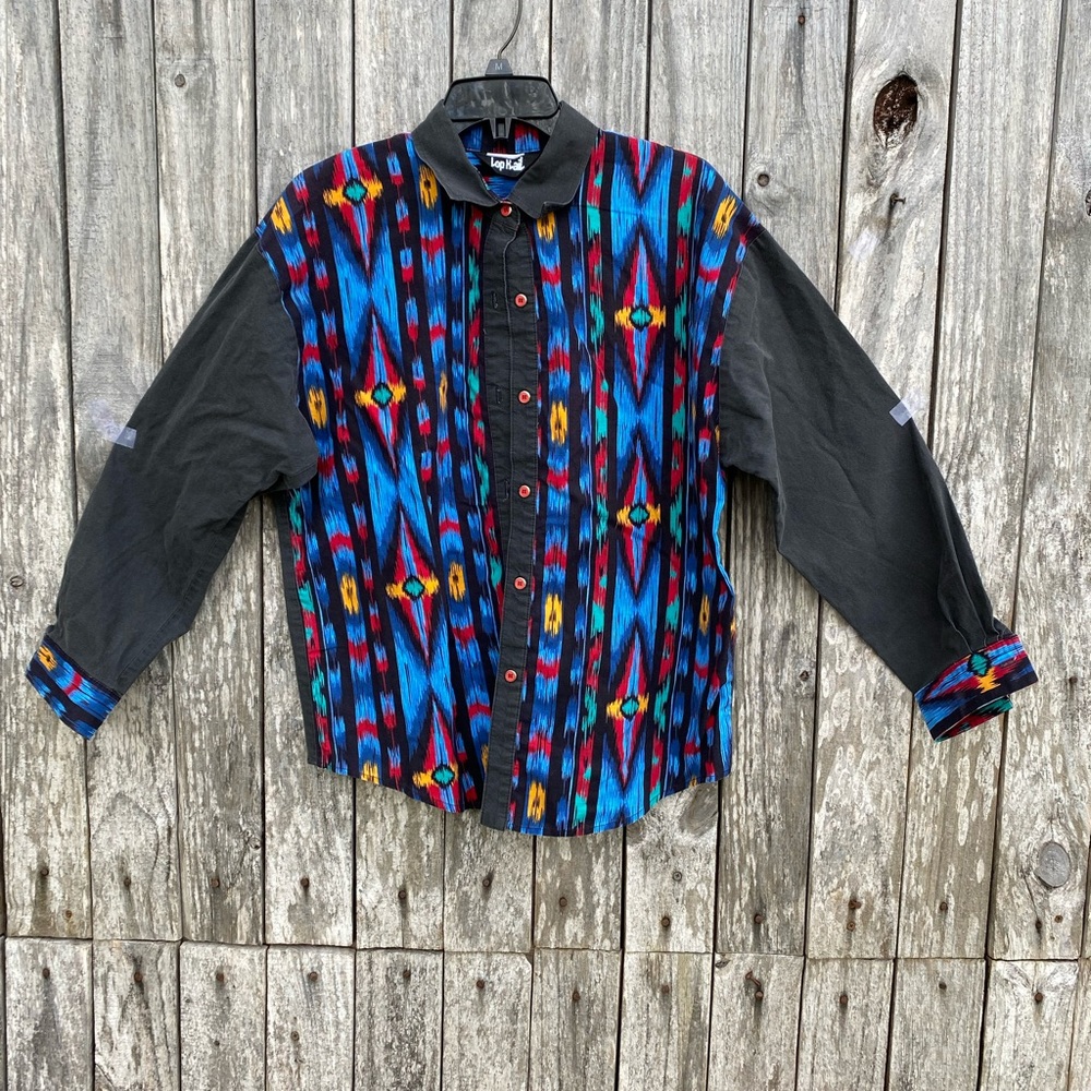 Vintage Brush Popper Aztec Tribal Southwestern Rockabilly Cowgirl Button Up LG